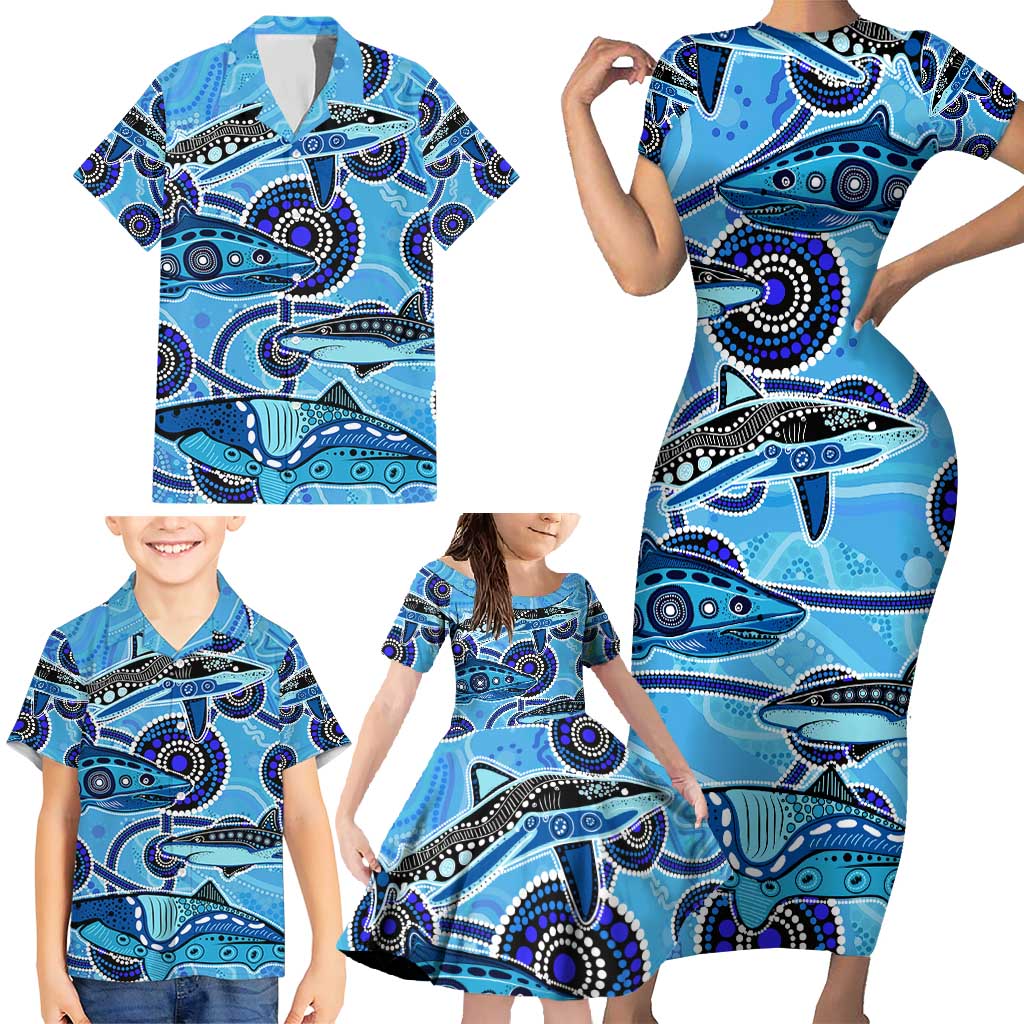 Sharks Aboriginal Australia Family Matching Short Sleeve Bodycon Dress and Hawaiian Shirt Indigenous Art Blue