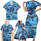 Sharks Aboriginal Australia Family Matching Short Sleeve Bodycon Dress and Hawaiian Shirt Indigenous Art Blue