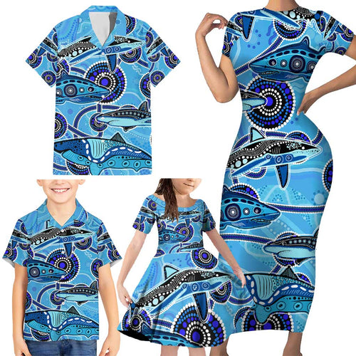 Sharks Aboriginal Australia Family Matching Short Sleeve Bodycon Dress and Hawaiian Shirt Indigenous Art Blue