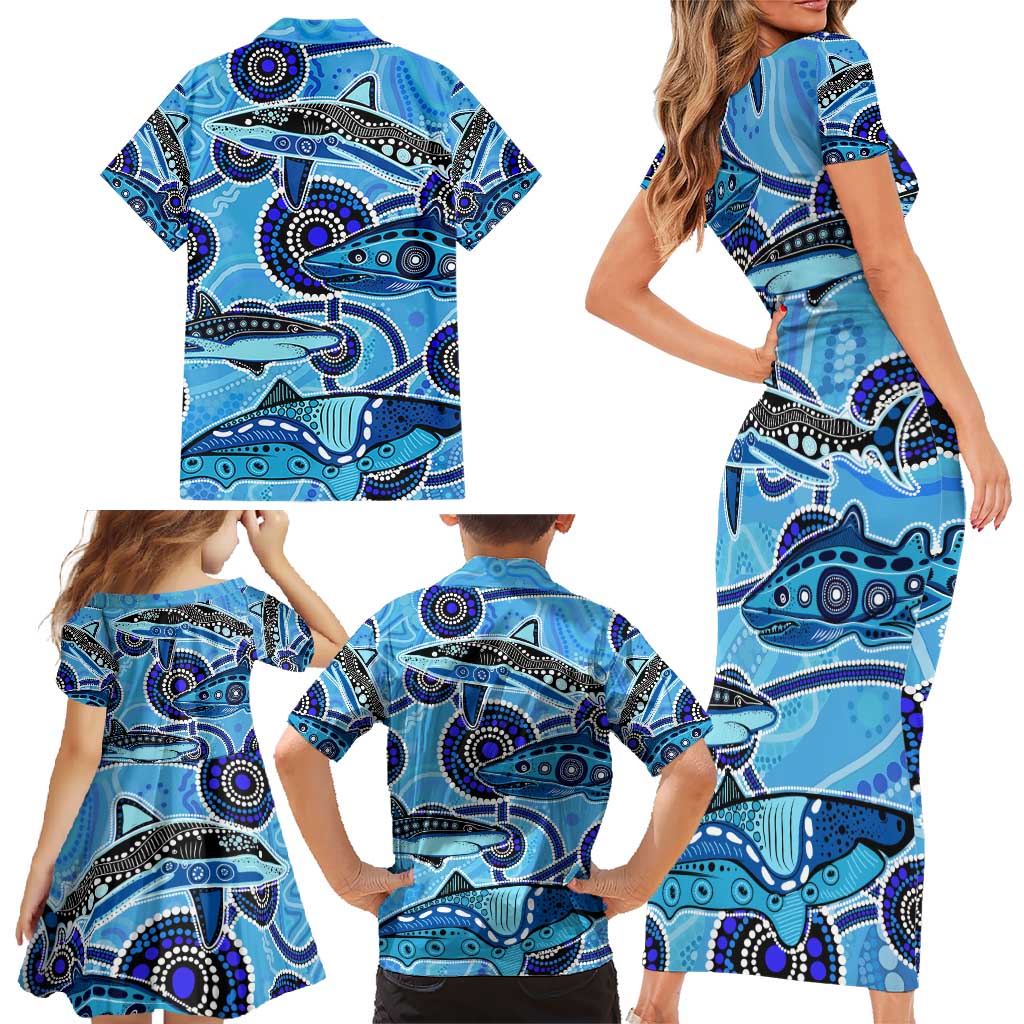 Sharks Aboriginal Australia Family Matching Short Sleeve Bodycon Dress and Hawaiian Shirt Indigenous Art Blue