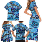 Sharks Aboriginal Australia Family Matching Short Sleeve Bodycon Dress and Hawaiian Shirt Indigenous Art Blue