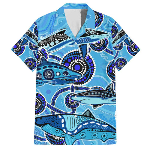 Sharks Aboriginal Australia Family Matching Short Sleeve Bodycon Dress and Hawaiian Shirt Indigenous Art Blue