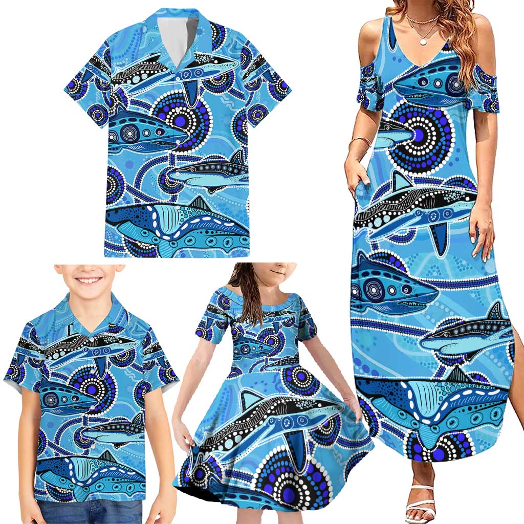 Sharks Aboriginal Australia Family Matching Summer Maxi Dress and Hawaiian Shirt Indigenous Art Blue