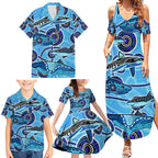 Sharks Aboriginal Australia Family Matching Summer Maxi Dress and Hawaiian Shirt Indigenous Art Blue