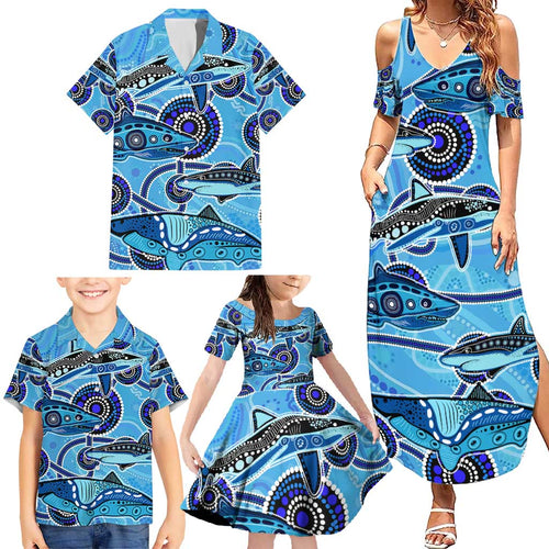 Sharks Aboriginal Australia Family Matching Summer Maxi Dress and Hawaiian Shirt Indigenous Art Blue