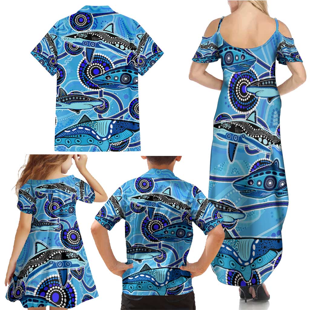 Sharks Aboriginal Australia Family Matching Summer Maxi Dress and Hawaiian Shirt Indigenous Art Blue