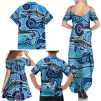 Sharks Aboriginal Australia Family Matching Summer Maxi Dress and Hawaiian Shirt Indigenous Art Blue