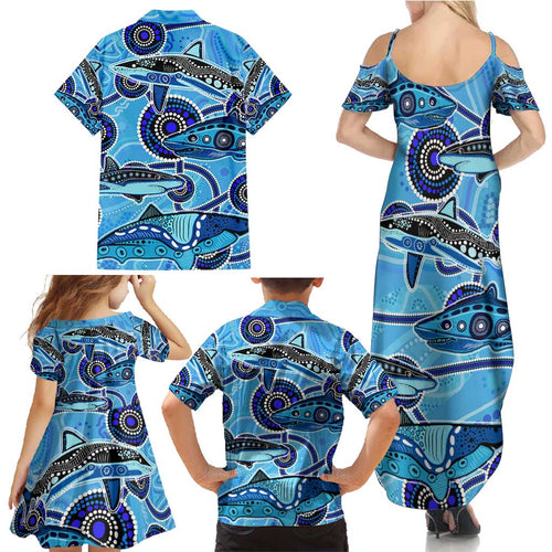 Sharks Aboriginal Australia Family Matching Summer Maxi Dress and Hawaiian Shirt Indigenous Art Blue