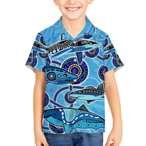 Sharks Aboriginal Australia Family Matching Summer Maxi Dress and Hawaiian Shirt Indigenous Art Blue