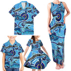 Sharks Aboriginal Australia Family Matching Tank Maxi Dress and Hawaiian Shirt Indigenous Art Blue