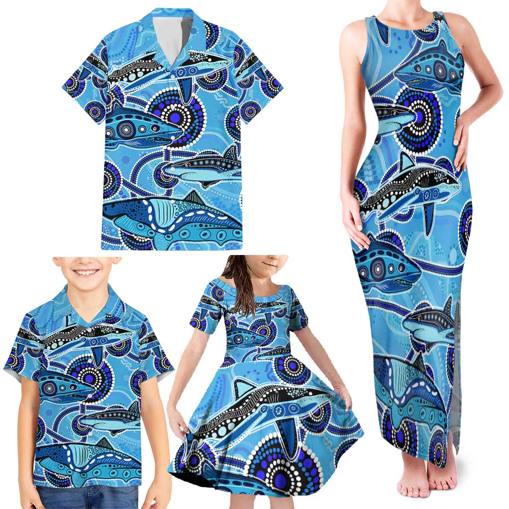 Sharks Aboriginal Australia Family Matching Tank Maxi Dress and Hawaiian Shirt Indigenous Art Blue