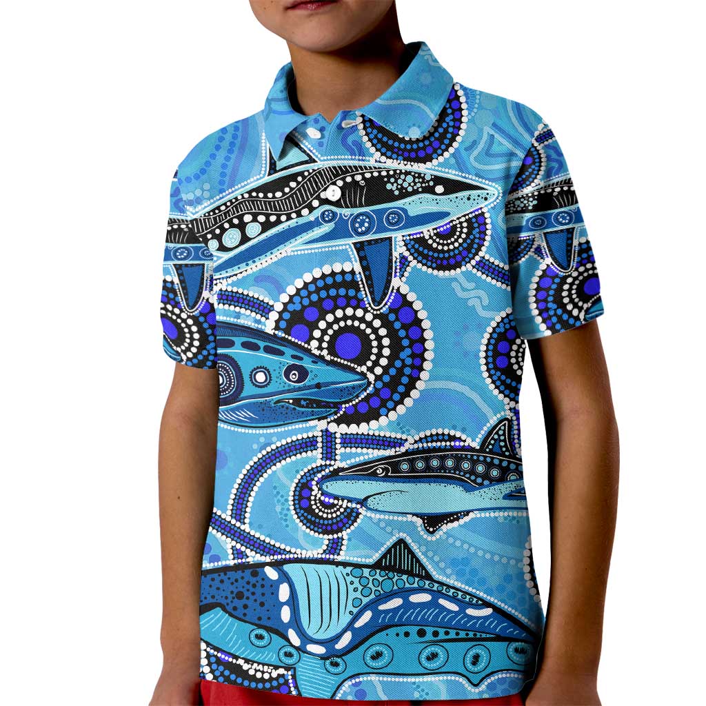 Sharks Aboriginal Australia Kid Polo Shirt Indigenous Art Blue