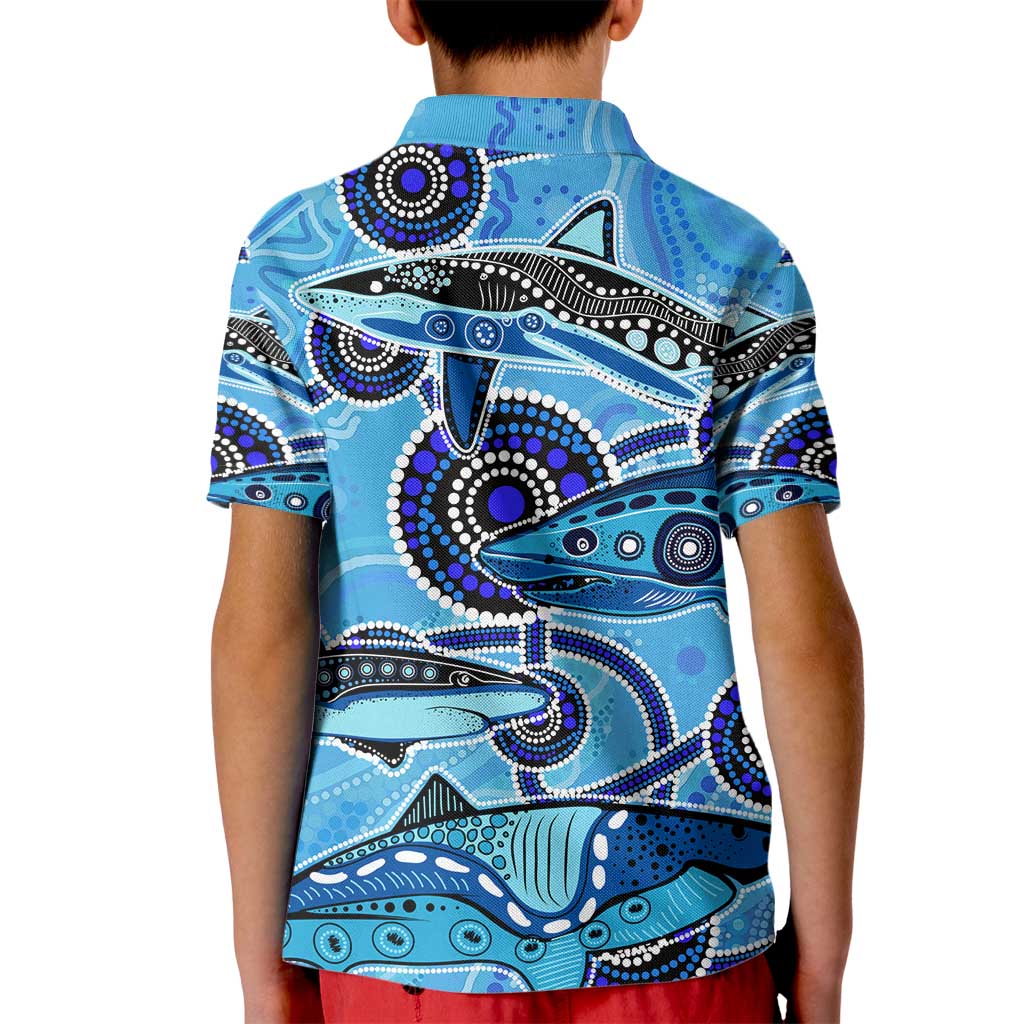 Sharks Aboriginal Australia Kid Polo Shirt Indigenous Art Blue