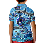 Sharks Aboriginal Australia Kid Polo Shirt Indigenous Art Blue