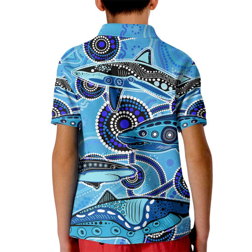 Sharks Aboriginal Australia Kid Polo Shirt Indigenous Art Blue