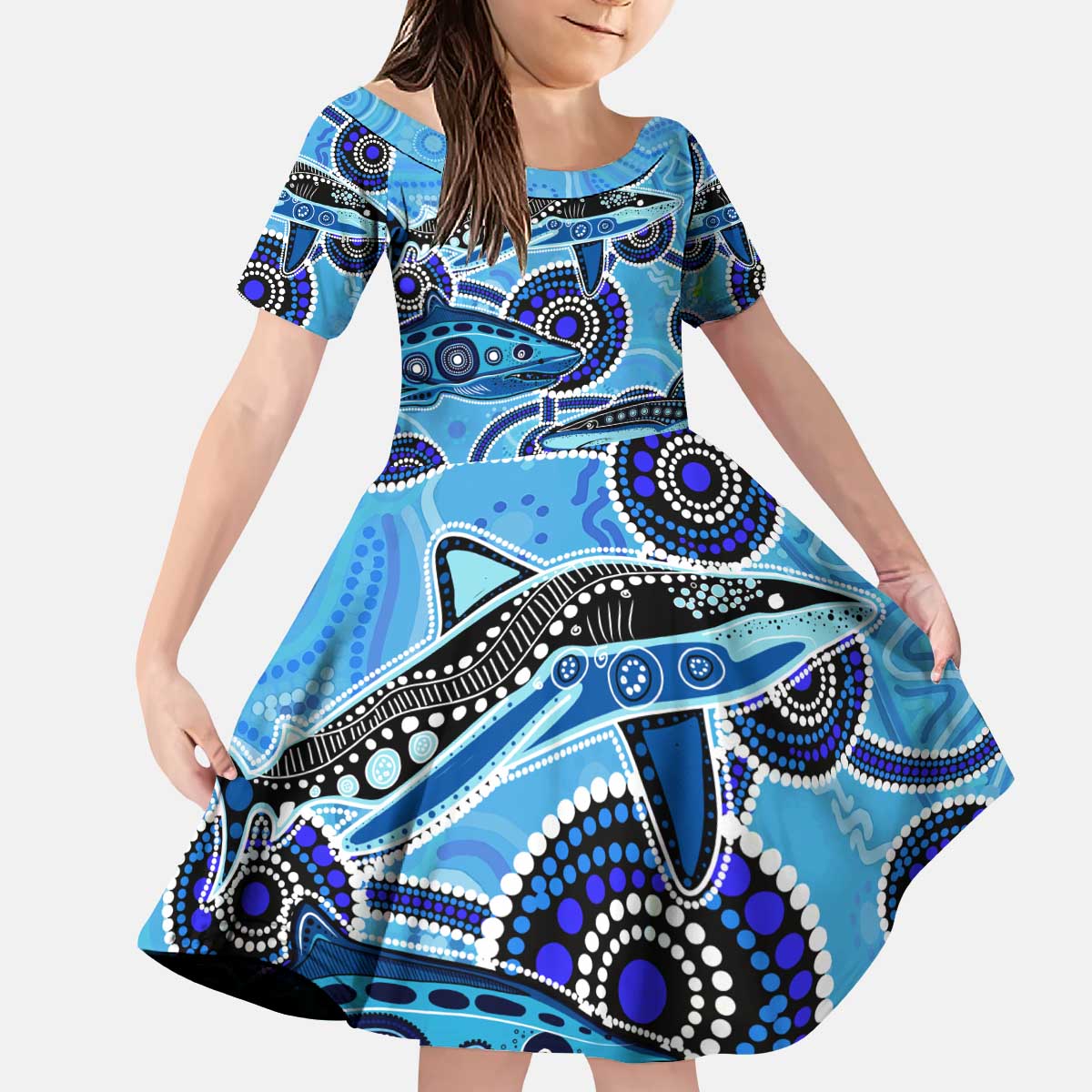 Sharks Aboriginal Australia Kid Short Sleeve Dress Indigenous Art Blue