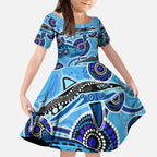 Sharks Aboriginal Australia Kid Short Sleeve Dress Indigenous Art Blue
