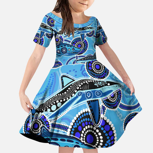 Sharks Aboriginal Australia Kid Short Sleeve Dress Indigenous Art Blue
