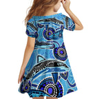 Sharks Aboriginal Australia Kid Short Sleeve Dress Indigenous Art Blue