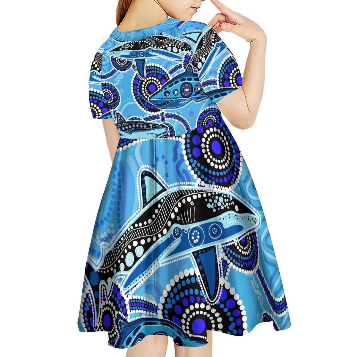 Sharks Aboriginal Australia Kid Short Sleeve Dress Indigenous Art Blue