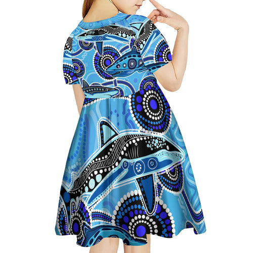 Sharks Aboriginal Australia Kid Short Sleeve Dress Indigenous Art Blue