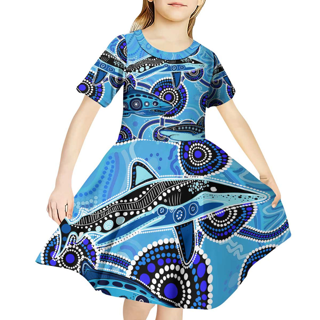 Sharks Aboriginal Australia Kid Short Sleeve Dress Indigenous Art Blue
