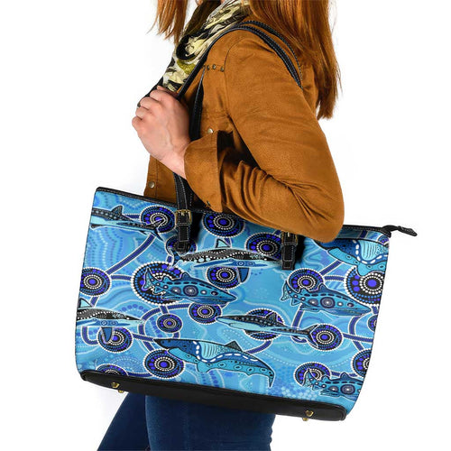 Sharks Aboriginal Australia Leather Tote Bag Indigenous Art Blue