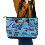 Sharks Aboriginal Australia Leather Tote Bag Indigenous Art Blue