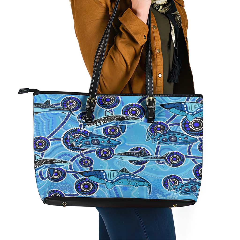 Sharks Aboriginal Australia Leather Tote Bag Indigenous Art Blue