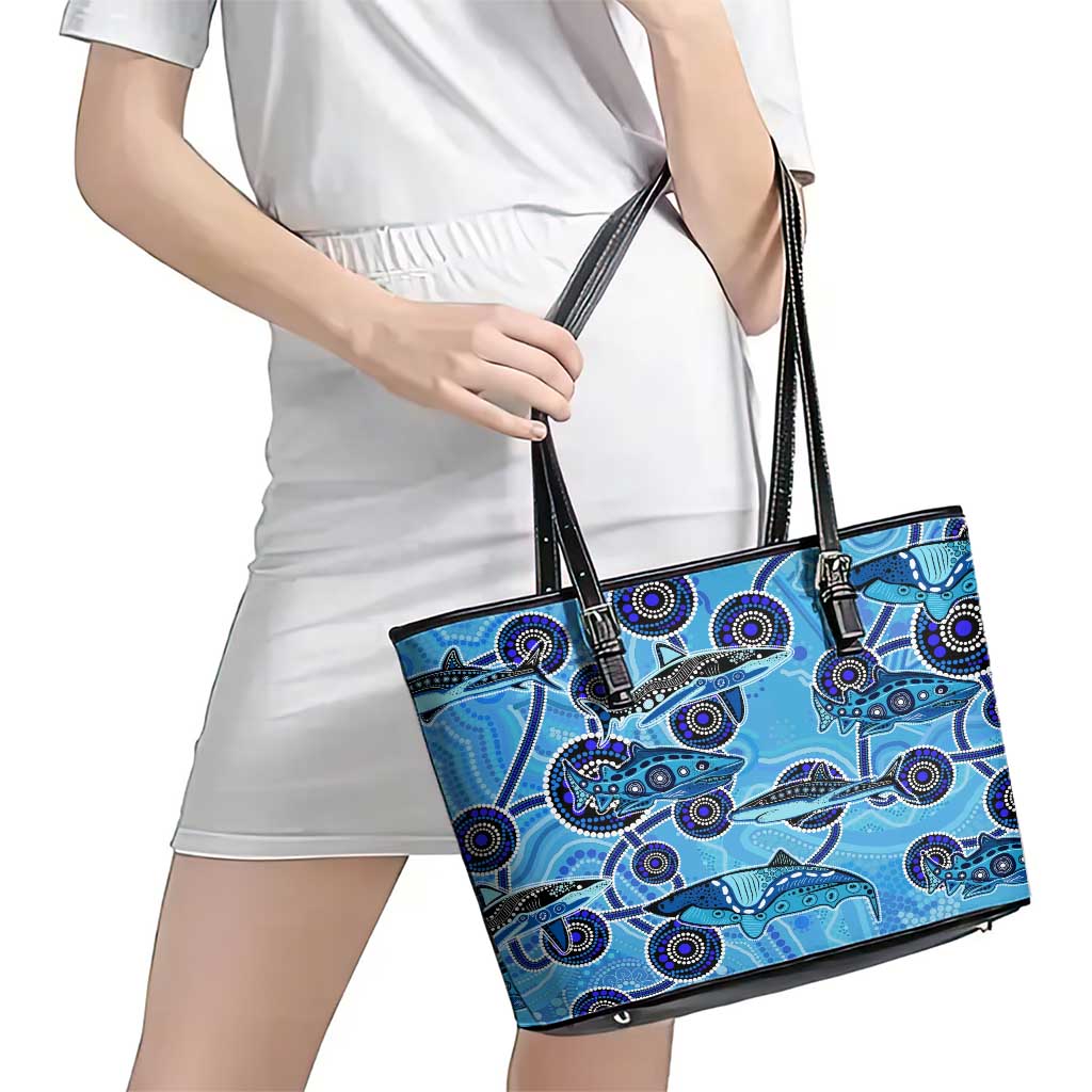 Sharks Aboriginal Australia Leather Tote Bag Indigenous Art Blue