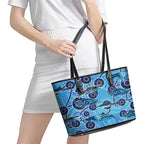 Sharks Aboriginal Australia Leather Tote Bag Indigenous Art Blue