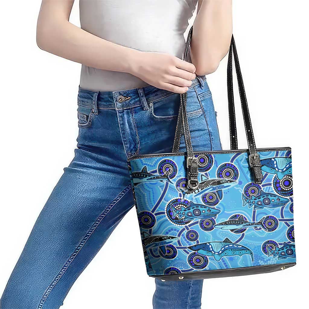 Sharks Aboriginal Australia Leather Tote Bag Indigenous Art Blue