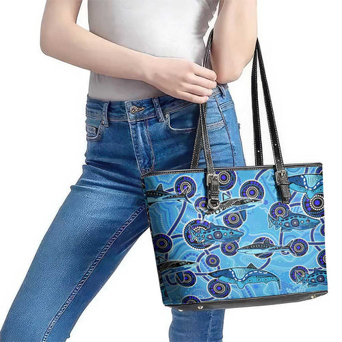 Sharks Aboriginal Australia Leather Tote Bag Indigenous Art Blue