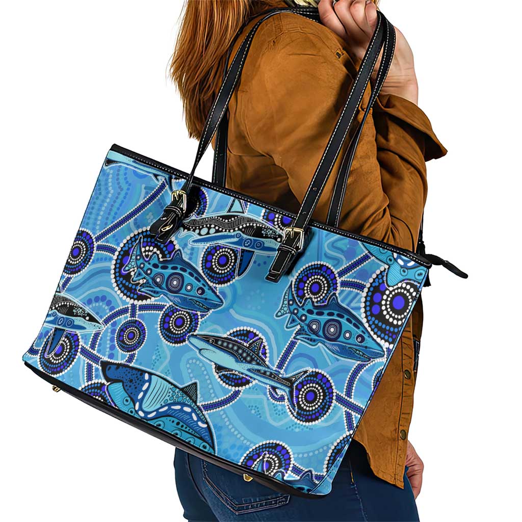 Sharks Aboriginal Australia Leather Tote Bag Indigenous Art Blue