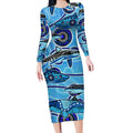 Sharks Aboriginal Australia Long Sleeve Bodycon Dress Indigenous Art Blue