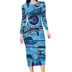 Sharks Aboriginal Australia Long Sleeve Bodycon Dress Indigenous Art Blue