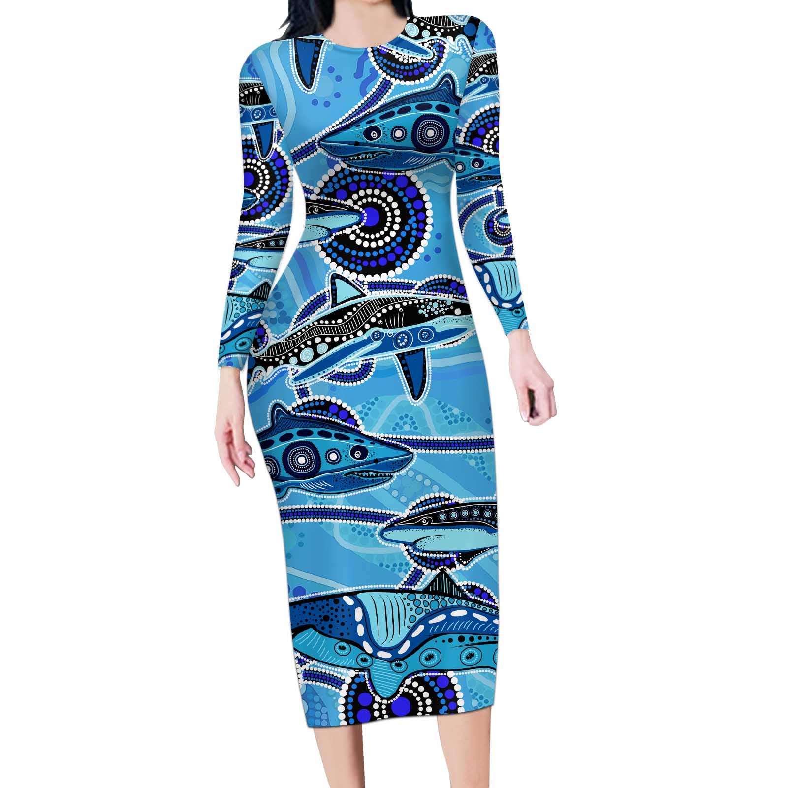 Sharks Aboriginal Australia Long Sleeve Bodycon Dress Indigenous Art Blue