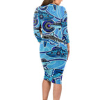 Sharks Aboriginal Australia Long Sleeve Bodycon Dress Indigenous Art Blue