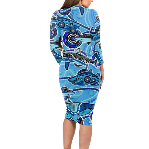 Sharks Aboriginal Australia Long Sleeve Bodycon Dress Indigenous Art Blue