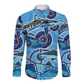 Sharks Aboriginal Australia Long Sleeve Button Shirt Indigenous Art Blue