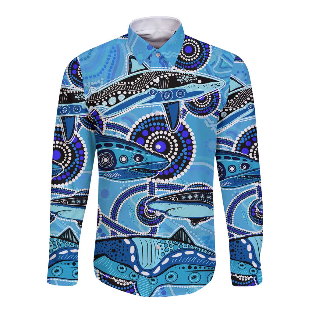 Sharks Aboriginal Australia Long Sleeve Button Shirt Indigenous Art Blue