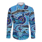 Sharks Aboriginal Australia Long Sleeve Button Shirt Indigenous Art Blue
