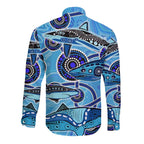 Sharks Aboriginal Australia Long Sleeve Button Shirt Indigenous Art Blue