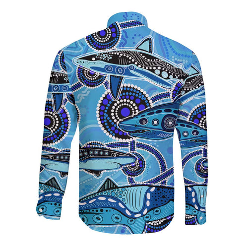 Sharks Aboriginal Australia Long Sleeve Button Shirt Indigenous Art Blue