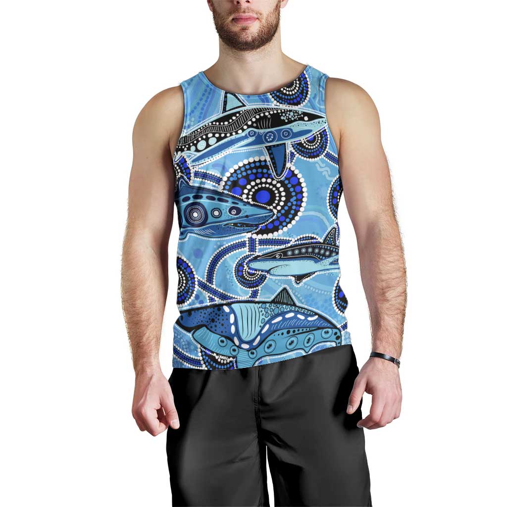 Sharks Aboriginal Australia Men Tank Top Indigenous Art Blue