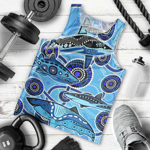 Sharks Aboriginal Australia Men Tank Top Indigenous Art Blue