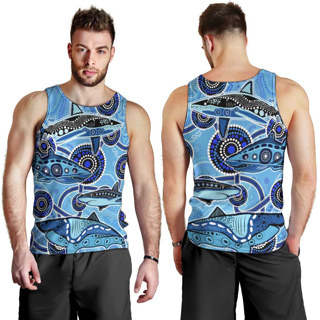 Sharks Aboriginal Australia Men Tank Top Indigenous Art Blue