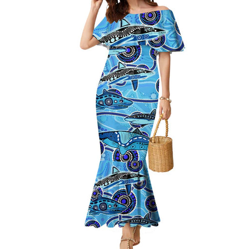 Sharks Aboriginal Australia Mermaid Dress Indigenous Art Blue