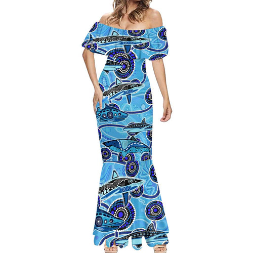 Sharks Aboriginal Australia Mermaid Dress Indigenous Art Blue