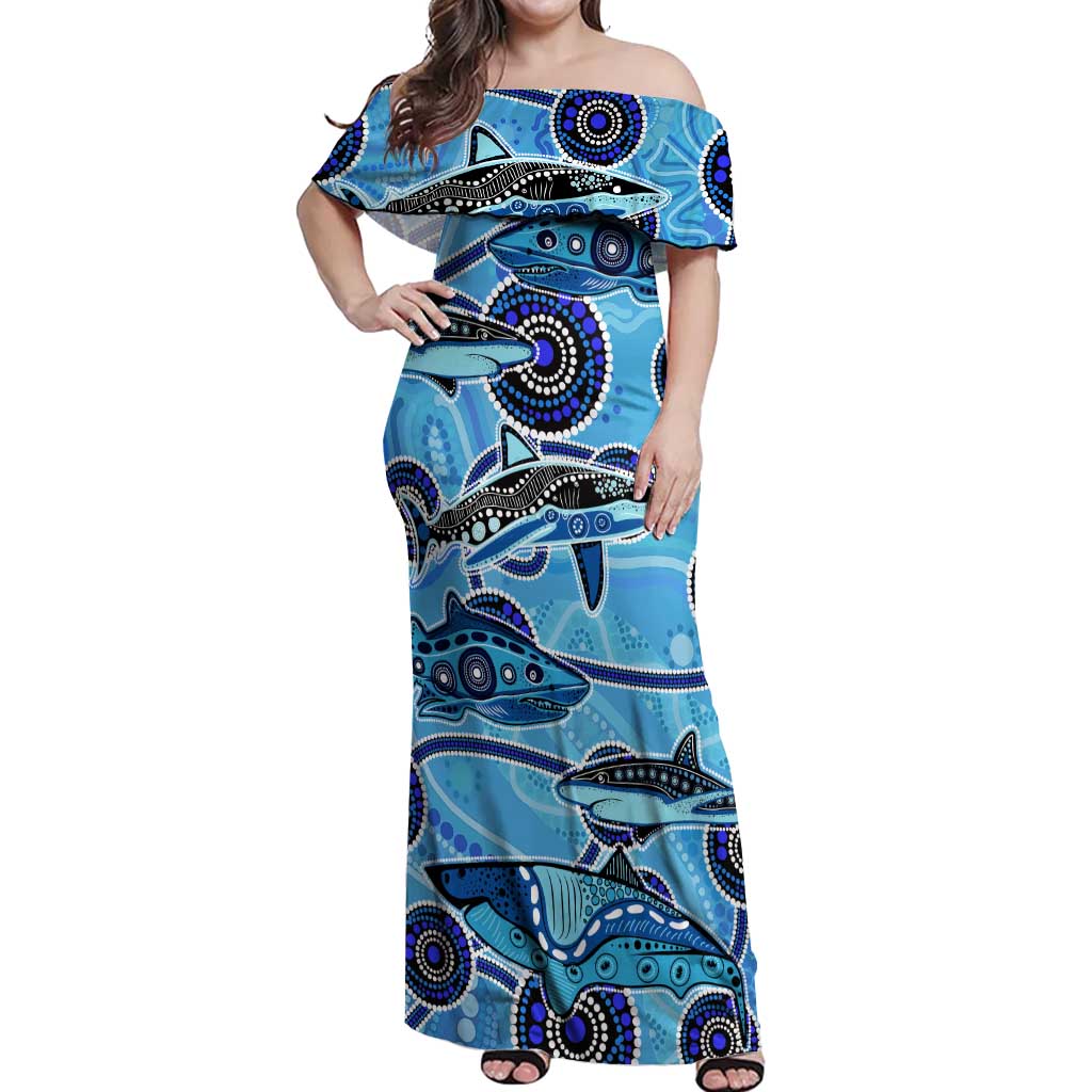Sharks Aboriginal Australia Off Shoulder Maxi Dress Indigenous Art Blue
